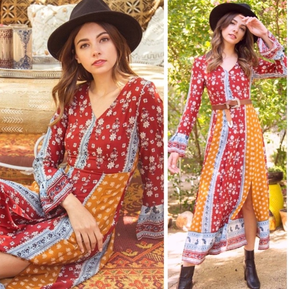 Earthy Boho Multi Print Maxi Dress